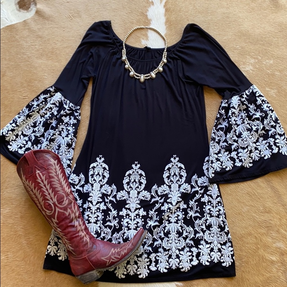 Black Embroidered Bell-Sleeve Mini Dress
